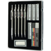Metal Mechanical Pencil Set with Lead & Eraser Refills, 5 Sizes (0.3, 0.5, 0.7, 0.9, 2mm) for Drafting, Sketching, Architecture & Drawing
