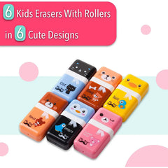 Cute Pencil Erasers for Kids - 6 Pack with Covers & Rollers