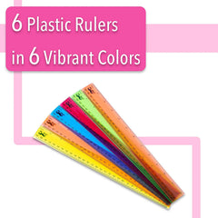 Kids Ruler 12 Inch (6 Pack) - Assorted Colors, Inches & cm, Clear