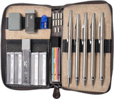 Metal Mechanical Pencil Set with Leather Case, 5 Sizes, HB Leads
