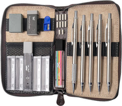 Metal Mechanical Pencil Set with Leather Case, 5 Sizes, HB Leads