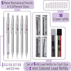 Metal Mechanical Pencil Set with Lead & Eraser Refills, 5 Sizes (0.3, 0.5, 0.7, 0.9, 2mm) for Drafting, Sketching, Architecture & Drawing