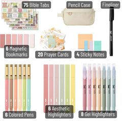 Bible Journaling Kit with No-Bleed Highlighters, Pens, Tabs, Prayer Cards, Sticky Notes, and Pencil Case