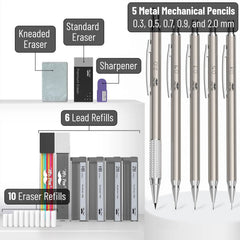 Metal Mechanical Pencil Set with Leather Case, 5 Sizes, HB Leads