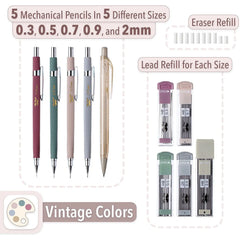 Vintage Mechanical Pencil Set - 5 Sizes with HB Leads
