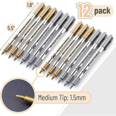 Metallic Paint Markers, 12 Pack, Gold & Silver, 1.5mm Fine Tip