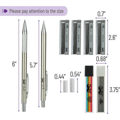 Metal Mechanical Pencil Set with Lead & Eraser Refills, 5 Sizes (0.3, 0.5, 0.7, 0.9, 2mm) for Drafting, Sketching, Architecture & Drawing