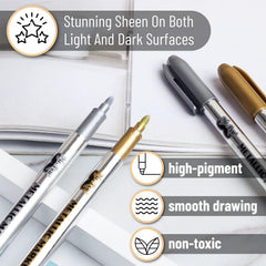 Metallic Paint Markers, 12 Pack, Gold & Silver, 1.5mm Fine Tip