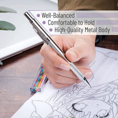 Metal Mechanical Pencil Set with Lead & Eraser Refills, 5 Sizes (0.3, 0.5, 0.7, 0.9, 2mm) for Drafting, Sketching, Architecture & Drawing