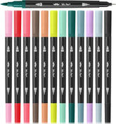 Dual Tip Brush Markers - 12 Pack, Muted Colors, Fine & Brush Tips