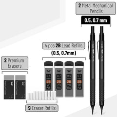 Metal Mechanical Pencil Set with 0.5 & 0.7mm Leads and 80 Refills in Case