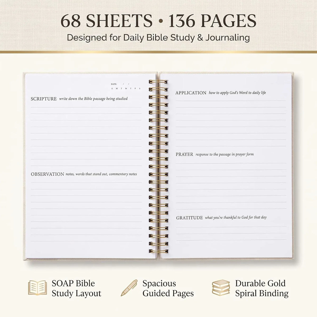 Mr. Pen Abide Bible Study Journal - A5 Hardcover, 136 Pages, 120gsm Paper, Gold Metal Spiral, Christian Gift for Women, SOAP Method