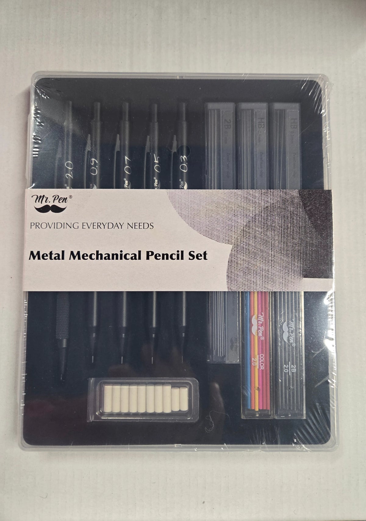 Metal Mechanical Pencil Set with Lead & Eraser Refills, 5 Sizes: 0.3, 0.5, 0.7, 0.9, 2.0 mm