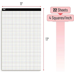 Graph Paper 17x11, 4x4 Grid (1/4 in), Color Lined, 22 Sheets for Drafting