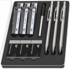Metal Mechanical Pencil Set - 0.7mm, 3 Pack with Leads & Erasers