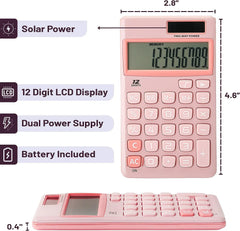 Cute Basic Calculator - 12-Digit, Light Pink, Solar Powered, Handheld