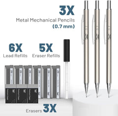 Metal Mechanical Pencil Set - 0.7mm, 3 Pack with Leads & Erasers