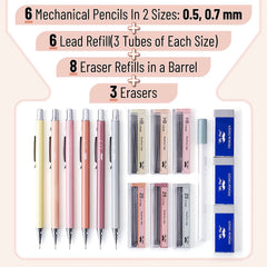 Pastel Boho Mechanical Pencils 6-Pack with 0.5mm & 0.7mm Refills