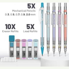 Pastel Mechanical Pencil Set with Refills, 5 Sizes, Clear Barrel