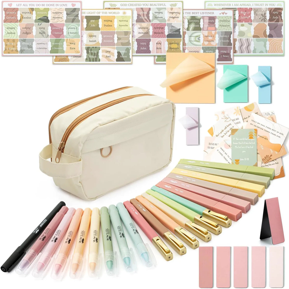 Bible Journaling Kit with No-Bleed Highlighters, Pens, Tabs, Prayer Cards, Sticky Notes, and Pencil Case