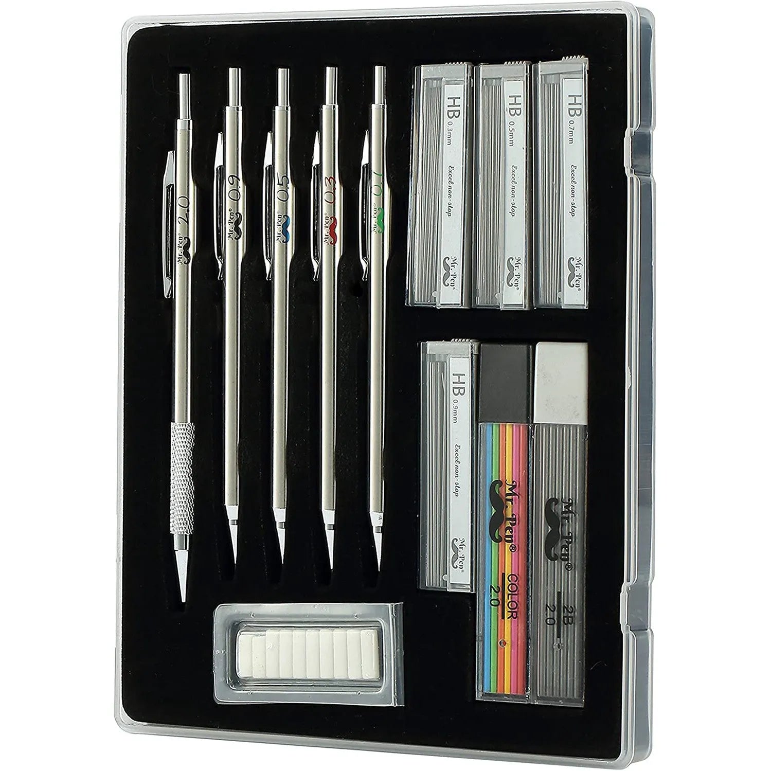 Metal Mechanical Pencil Set with Lead & Eraser Refills, 5 Sizes (0.3, 0.5, 0.7, 0.9, 2mm) for Drafting, Sketching, Architecture & Drawing