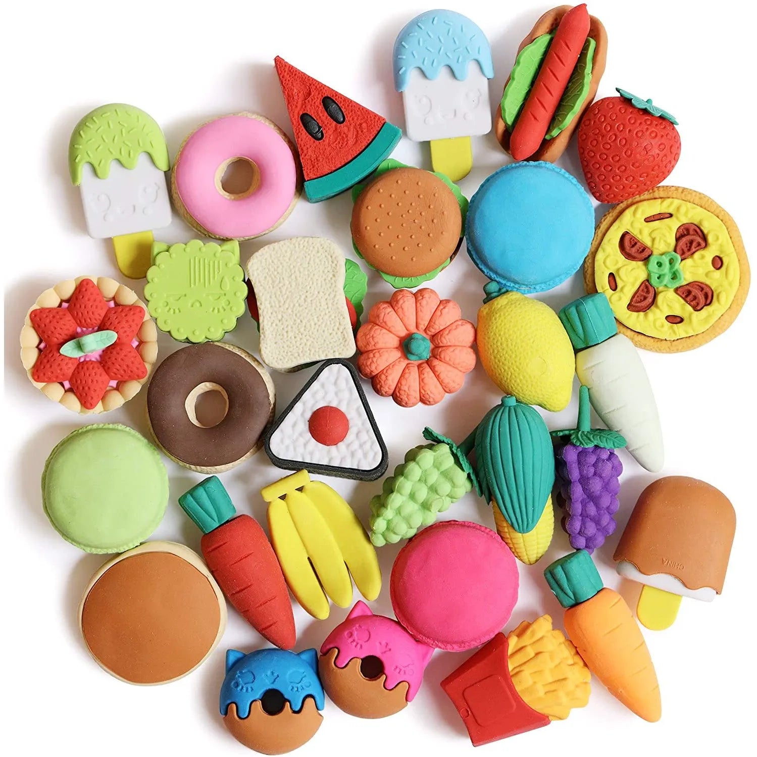 Cute Mini Food Erasers for Kids - 30 Pack of 3D Erasers