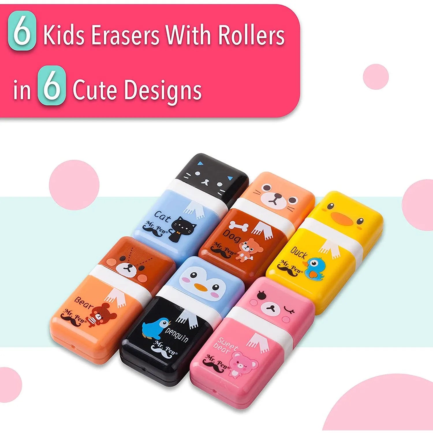 Cute Pencil Erasers for Kids - 6 Pack with Covers & Rollers