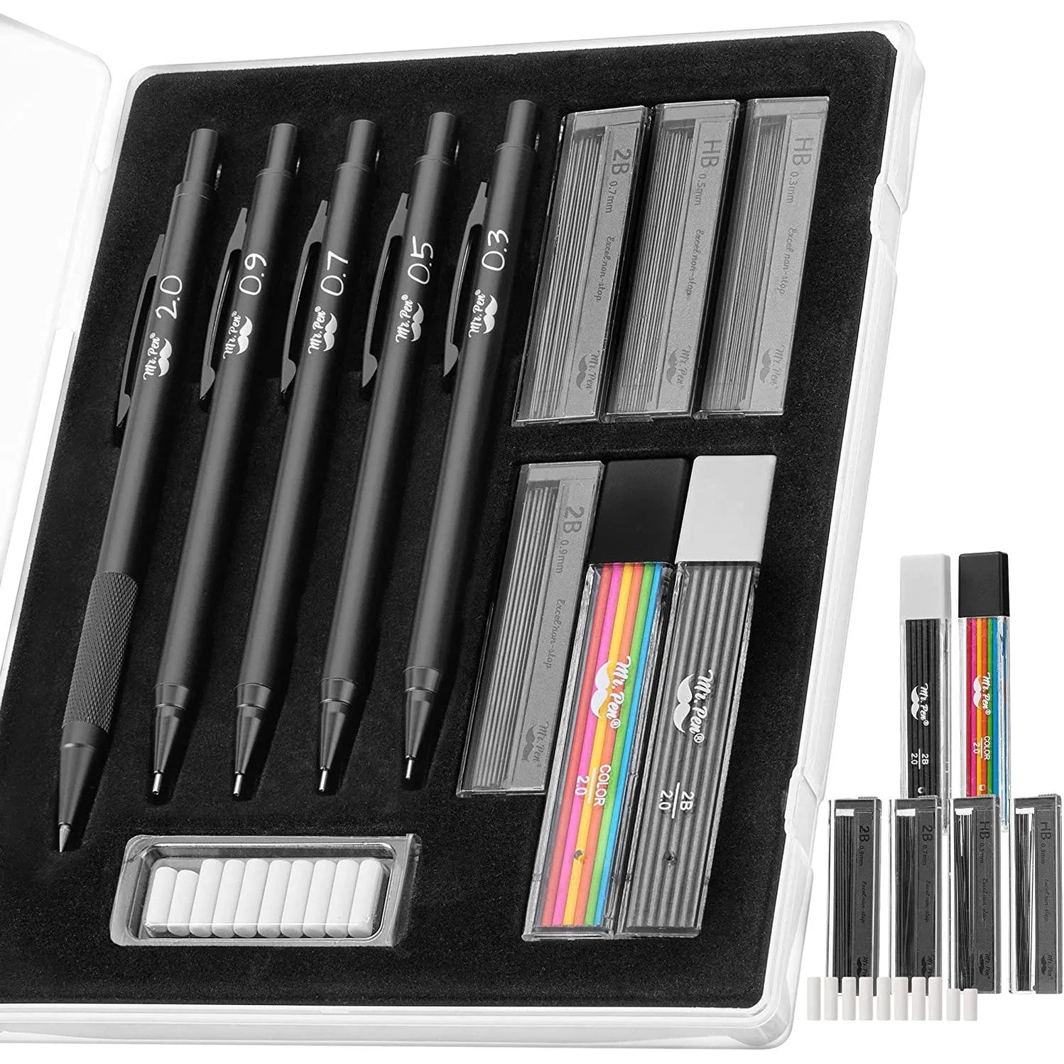 Metal Mechanical Pencil Set with Lead & Eraser Refills, 5 Sizes: 0.3, 0.5, 0.7, 0.9, 2.0 mm