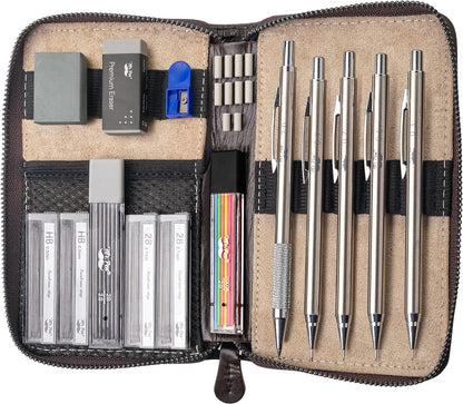 Metal Mechanical Pencil Set with Leather Case, 5 Sizes, HB Leads