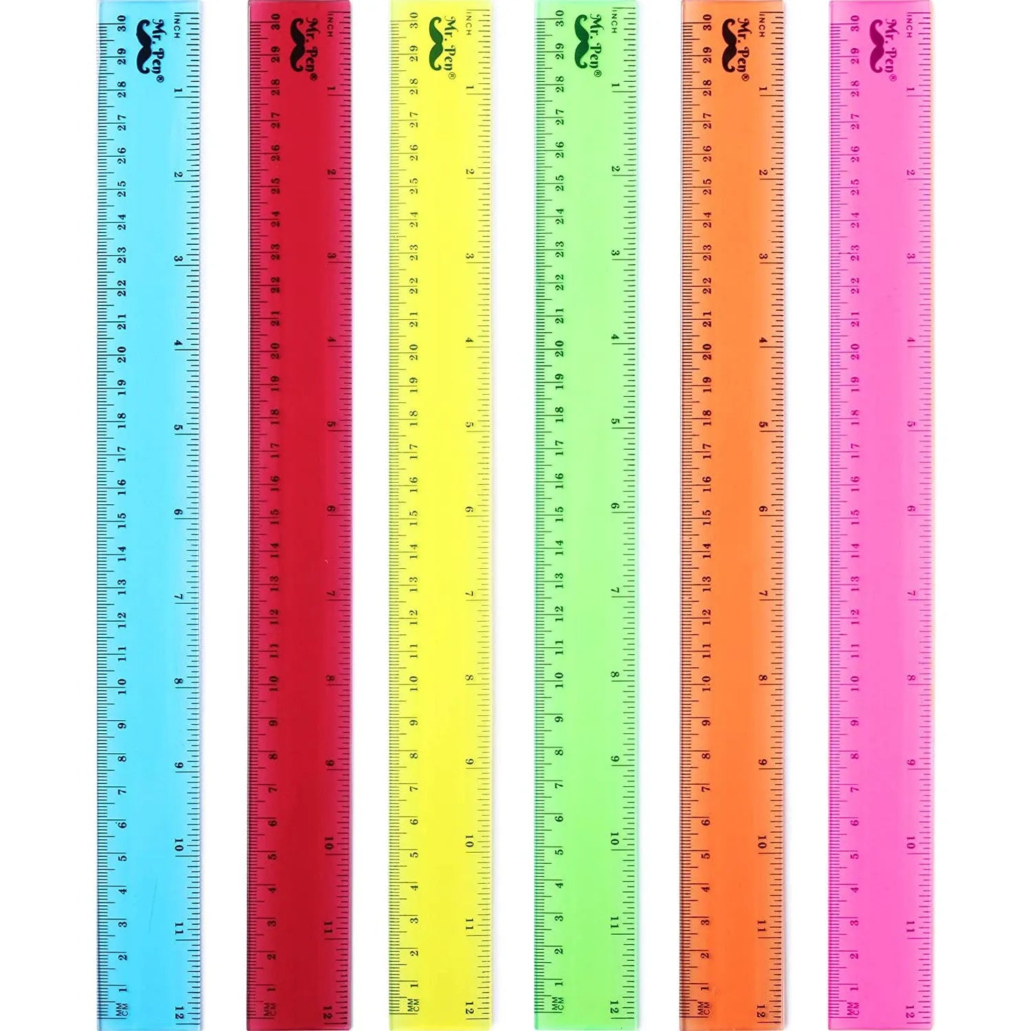 Kids Ruler 12 Inch (6 Pack) - Assorted Colors, Inches & cm, Clear