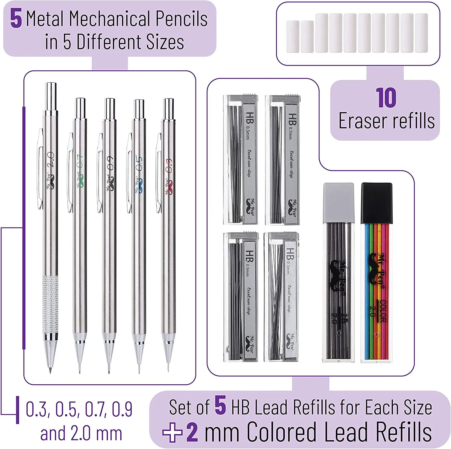 Metal Mechanical Pencil Set with Lead & Eraser Refills, 5 Sizes (0.3, 0.5, 0.7, 0.9, 2mm) for Drafting, Sketching, Architecture & Drawing