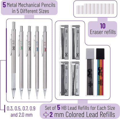 Metal Mechanical Pencil Set with Lead & Eraser Refills, 5 Sizes (0.3, 0.5, 0.7, 0.9, 2mm) for Drafting, Sketching, Architecture & Drawing