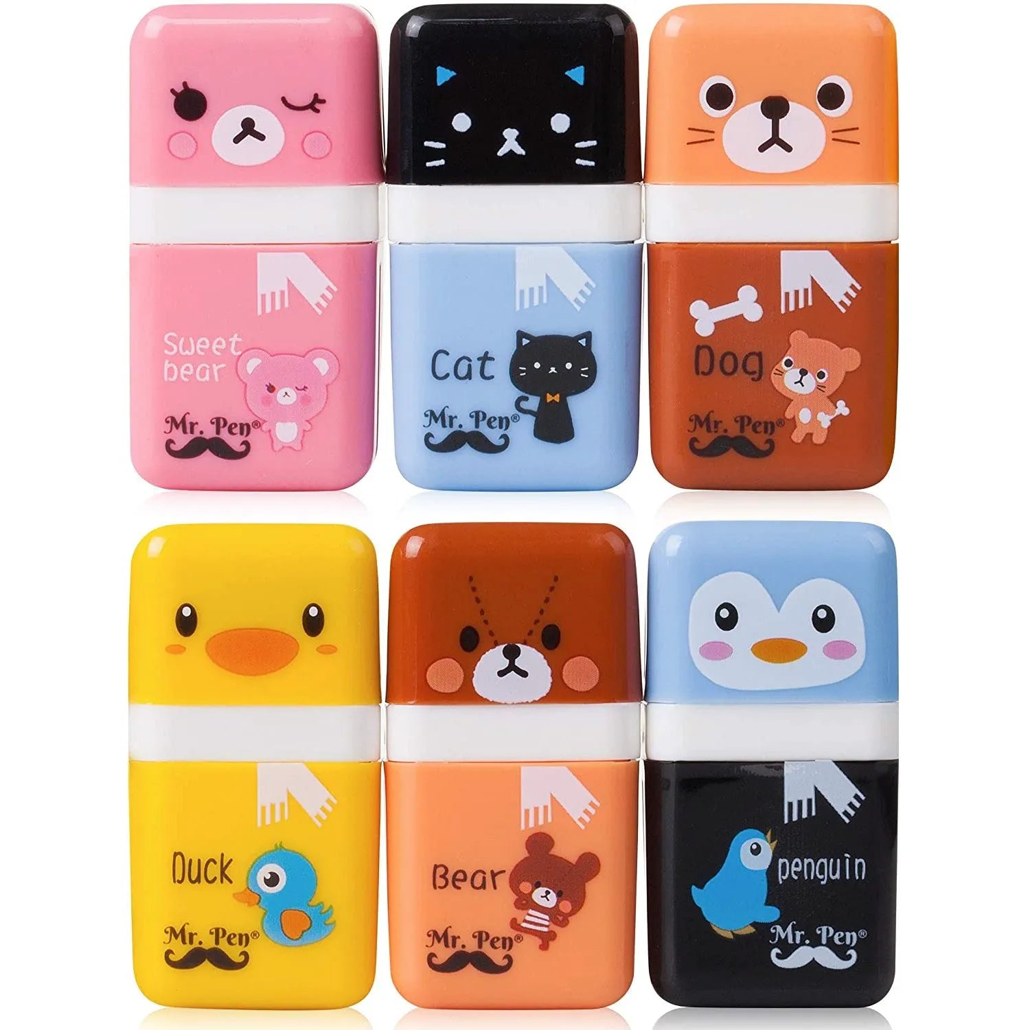 Cute Pencil Erasers for Kids - 6 Pack with Covers & Rollers