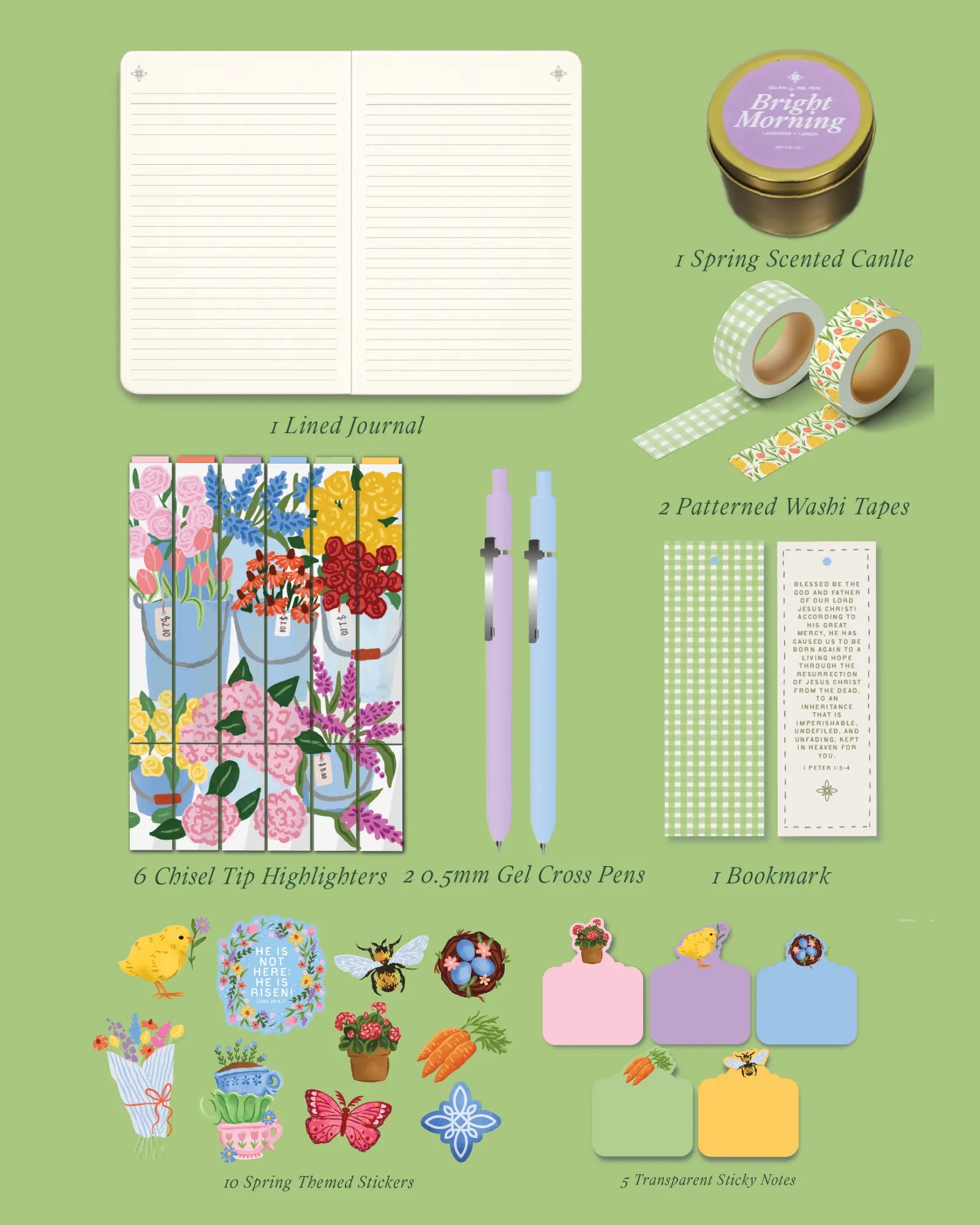 Mr. Pen Spring Bible Journaling Kit - Limited Edition Gift Set with Highlighters, Gel Pens, Washi Tape, Sticky Notes, Stickers, Scented Candle, and Bookmark