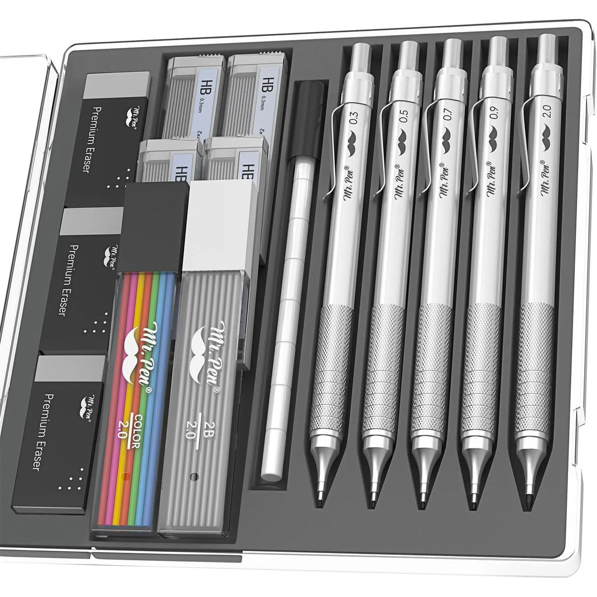 Premium Mechanical Pencil Set with Case, 5 Sizes, Leads & Erasers