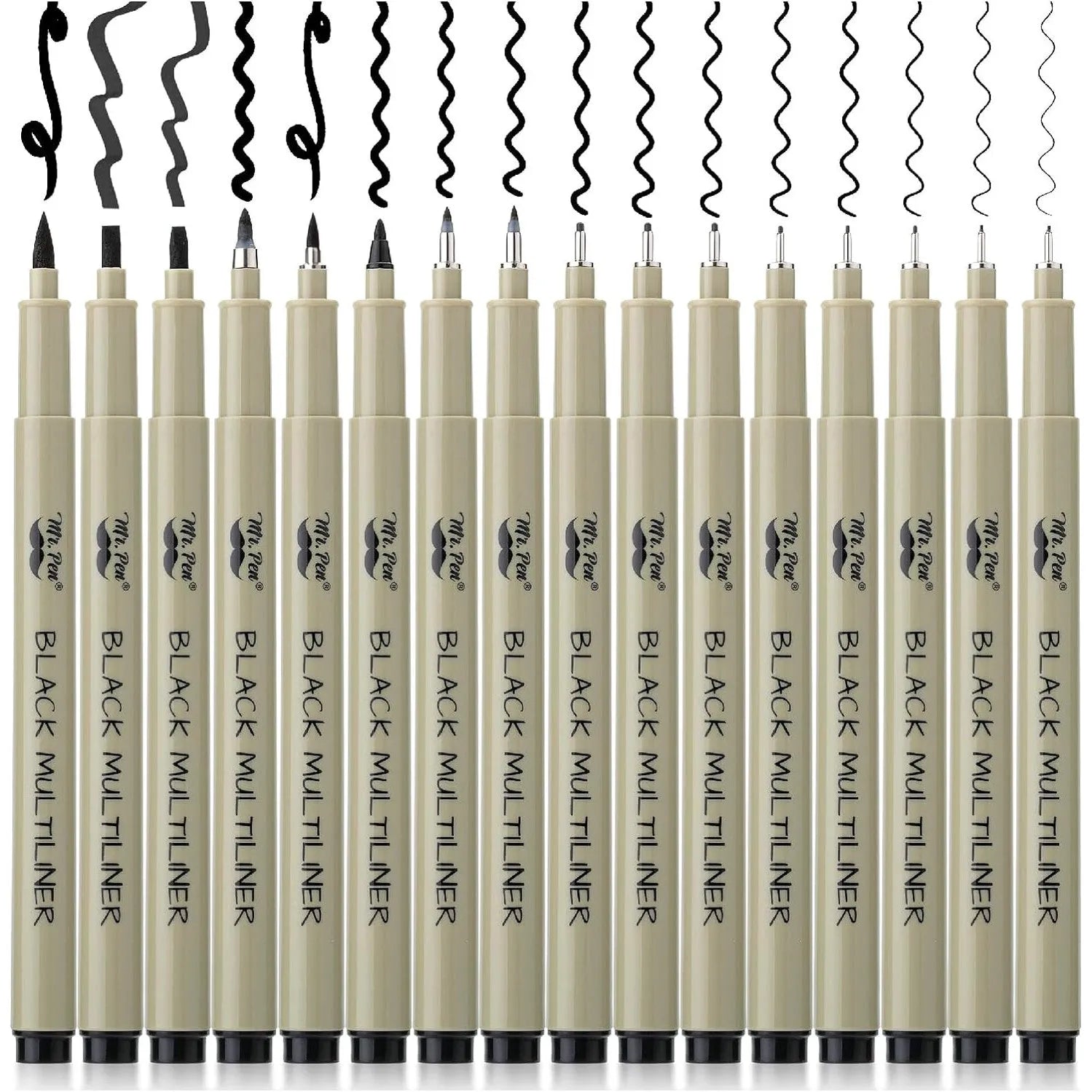 Black Fineliner Drawing Pens (16 Pack) with 0.05–3mm Tips