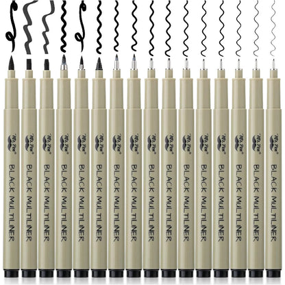 Black Fineliner Drawing Pens (16 Pack) with 0.05–3mm Tips