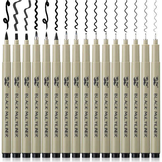 Black Fineliner Drawing Pens (16 Pack) with 0.05–3mm Tips
