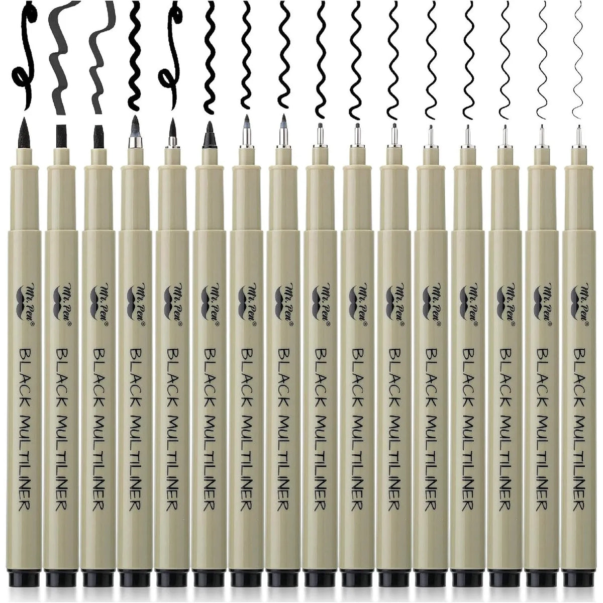 Black Fineliner Drawing Pens (16 Pack) with 0.05–3mm Tips