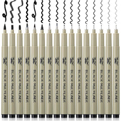Black Fineliner Drawing Pens (16 Pack) with 0.05–3mm Tips