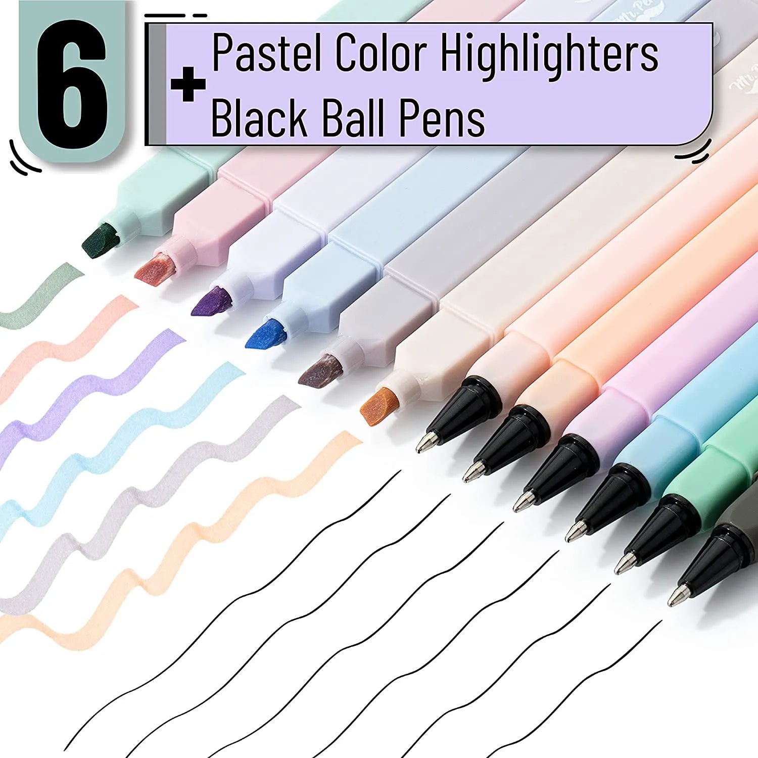 Aesthetic Highlighter & Ballpoint Pen Set (12 Pack) - No-Bleed, Soft Colors, Chisel Tip + Pens for Journaling & Study