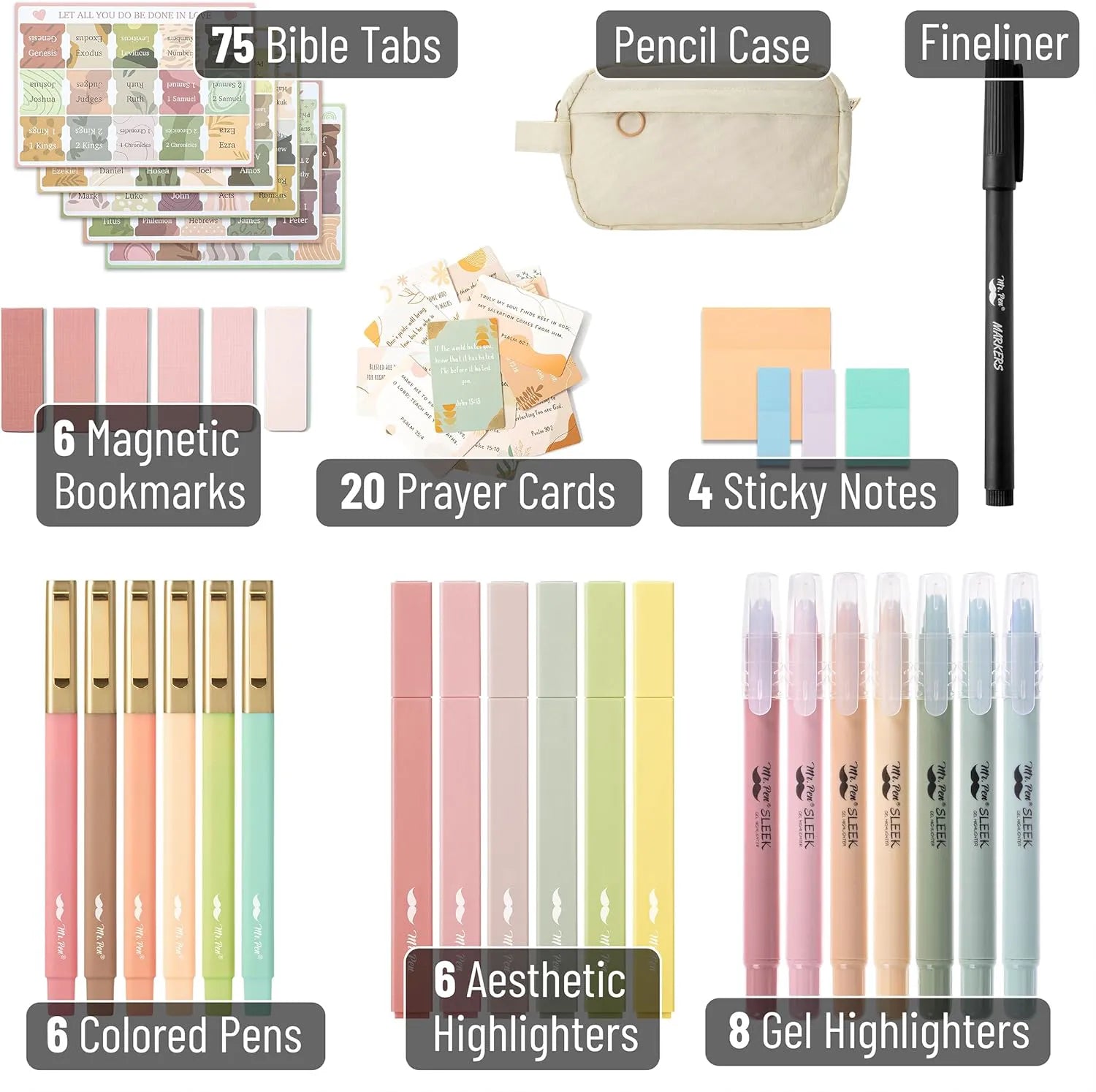 Bible Journaling Kit with No-Bleed Highlighters, Pens, Tabs, Prayer Cards, Sticky Notes, and Pencil Case