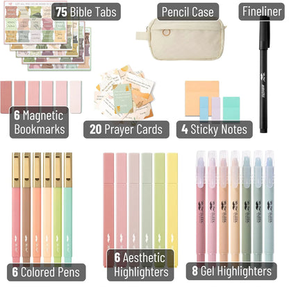 Bible Journaling Kit with No-Bleed Highlighters, Pens, Tabs, Prayer Cards, Sticky Notes, and Pencil Case