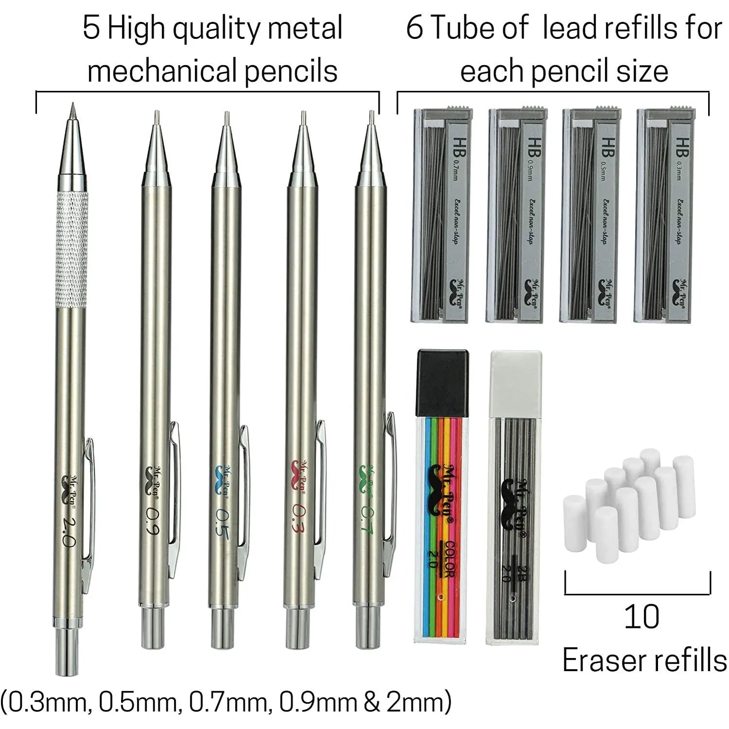 Metal Mechanical Pencil Set with Lead & Eraser Refills, 5 Sizes (0.3, 0.5, 0.7, 0.9, 2mm) for Drafting, Sketching, Architecture & Drawing