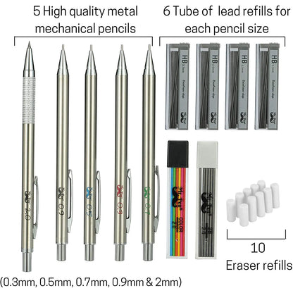 Metal Mechanical Pencil Set with Lead & Eraser Refills, 5 Sizes (0.3, 0.5, 0.7, 0.9, 2mm) for Drafting, Sketching, Architecture & Drawing