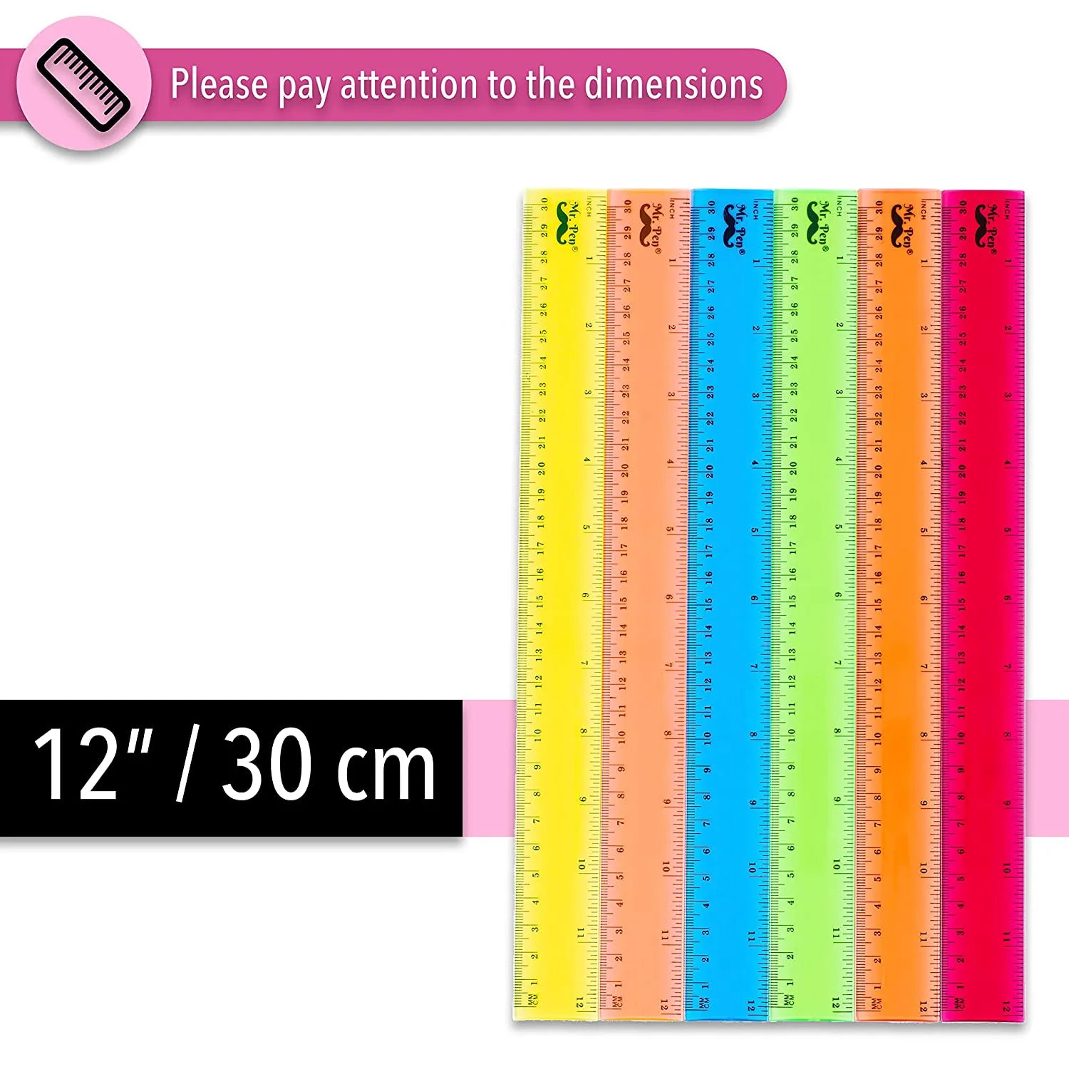 Kids Ruler 12 Inch (6 Pack) - Assorted Colors, Inches & cm, Clear