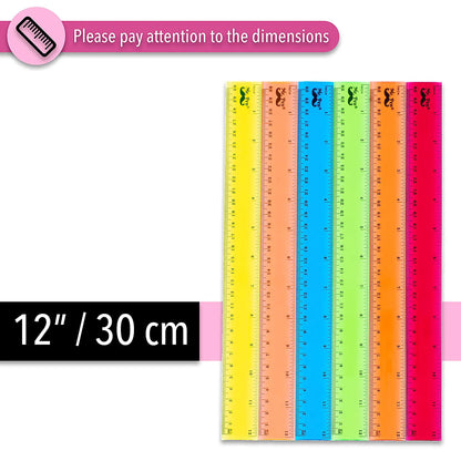 Kids Ruler 12 Inch (6 Pack) - Assorted Colors, Inches & cm, Clear