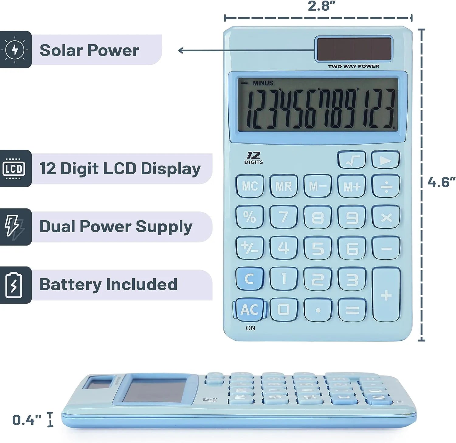12-Digit Solar Calculator, Light Blue, Standard Function, Handheld
