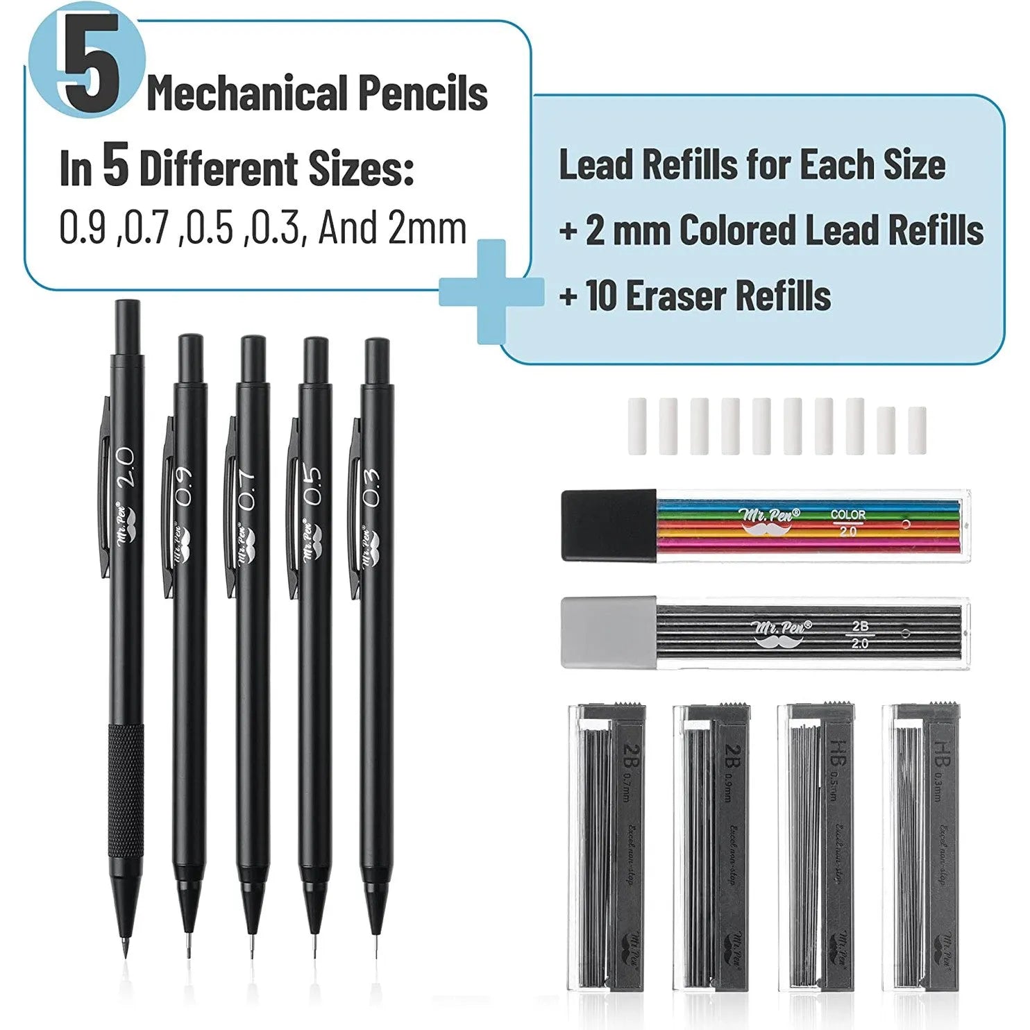 Metal Mechanical Pencil Set with Lead & Eraser Refills, 5 Sizes: 0.3, 0.5, 0.7, 0.9, 2.0 mm
