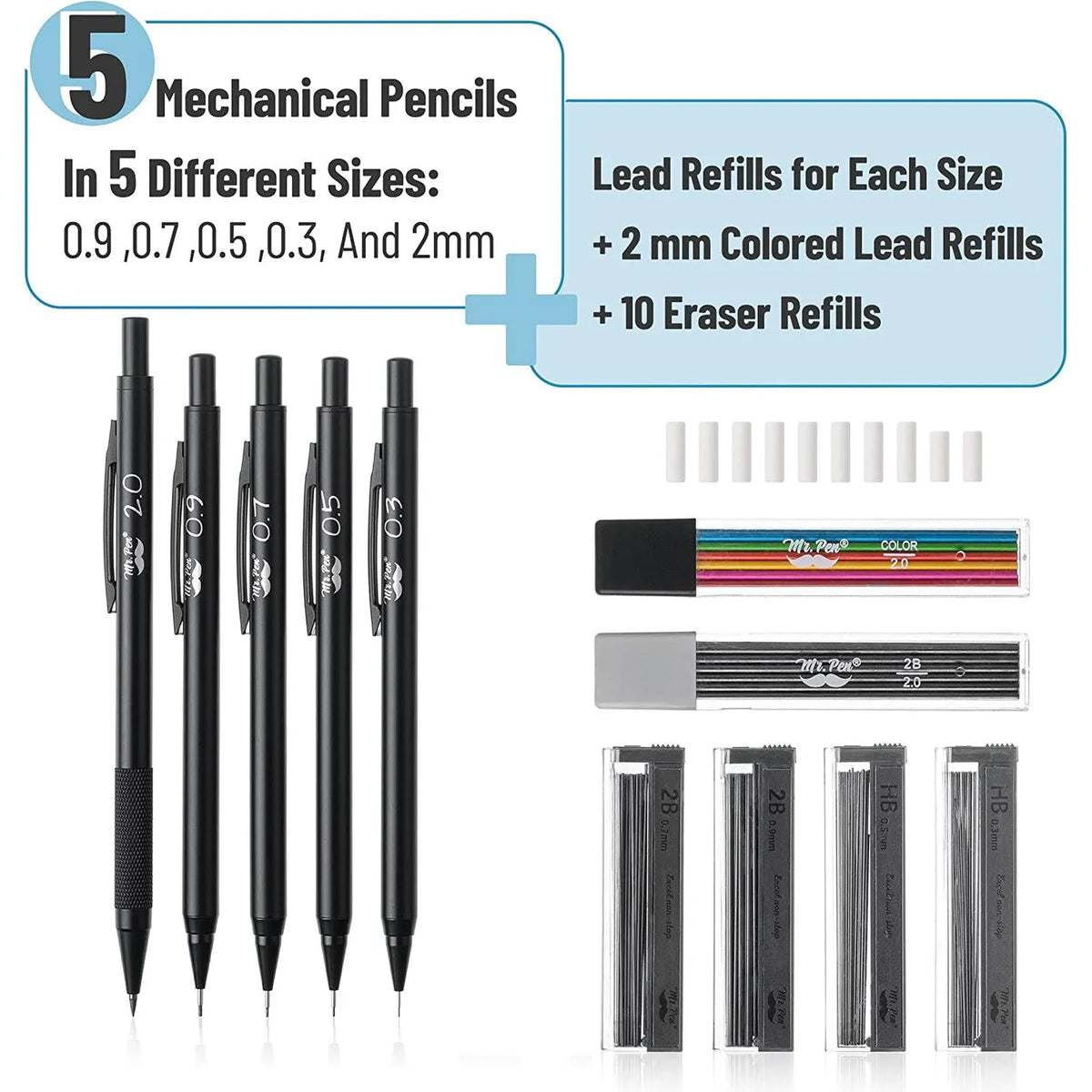 Metal Mechanical Pencil Set with Lead & Eraser Refills, 5 Sizes: 0.3, 0.5, 0.7, 0.9, 2.0 mm